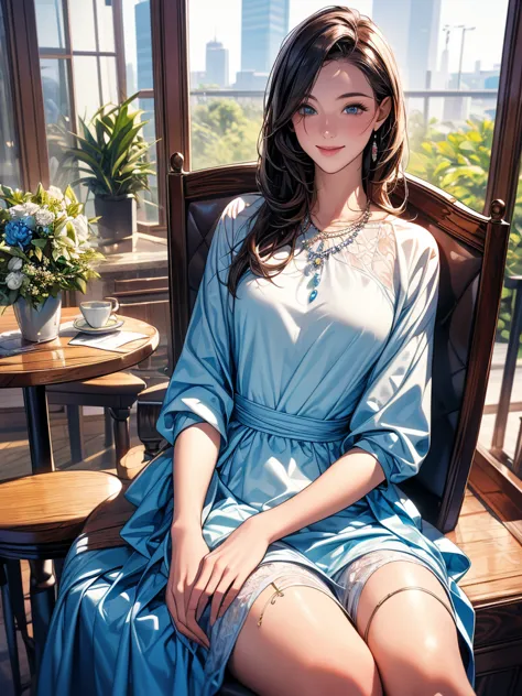 (higher resolution, clearly_ images) best quality, woman, masterpiece, very well detailed, Semi-realistic, 26 years old, fair,  young, handsome, white and blue misaligned dress, small gemstone necklace around neck, external, Cafe Seats ,  window, sitting, ...