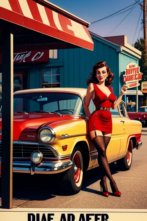 A vintage-style American diner advertisement featuring a retro pin-up woman in a red dress with black stockings and red high heels. She has short, wavy brown hair and is posing seductively in front of a classic red car from the 1950s. The background includ...