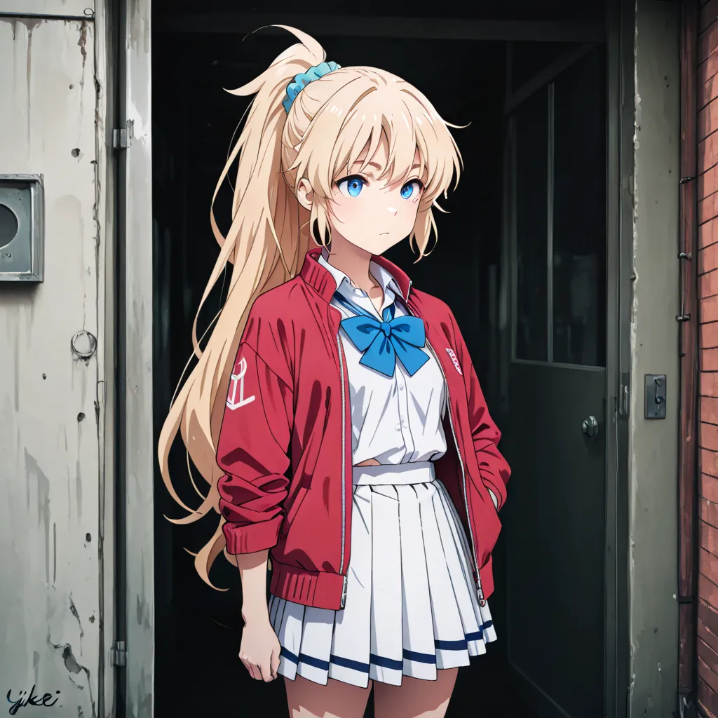 yjkei,very long hair, blonde hair, ponytail, hair scrunchie, blue eyes, school uniform, red jacket, open jacket,blue bow,white skirt, pleated skirt