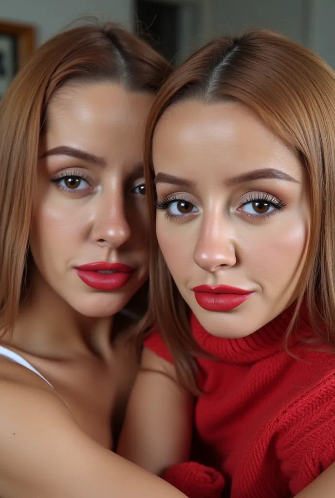 A beautiful mother of Scandinavian origin carrying her daughter of age 4. Both wearing red hot lipstick. Both staring at the camera. 8K resolution and quality.