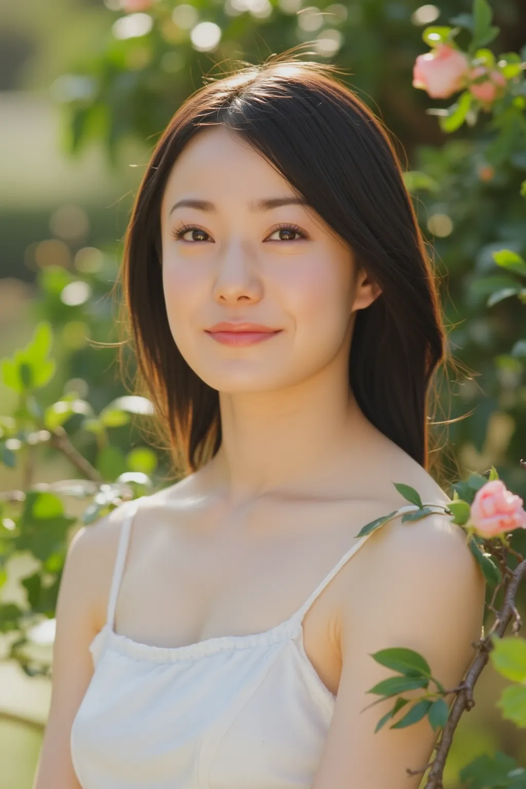  portrait of a beautiful girl, Solo shot , luxury dress,  beautiful expression , Graceful posture, Outdoor Garden, Soft sunlight lighting, Delicate Texture, Natural Scenery, 4K High Resolution, realistic, professional, Bokeh, vivid colors, seductive