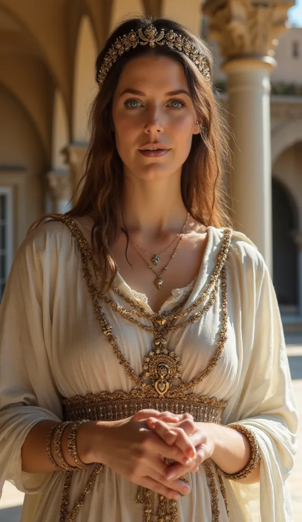 Roman empress Livia, wife of roman emperor Augustus, in her ancient roman imperial villa in Rome, strawberry brown hair, (ancient roman hairstyle:1.6), beautiful 30 years old woman, full body shot, sunny day, (wearing an ancient roman imperial tunic:1.5), ...