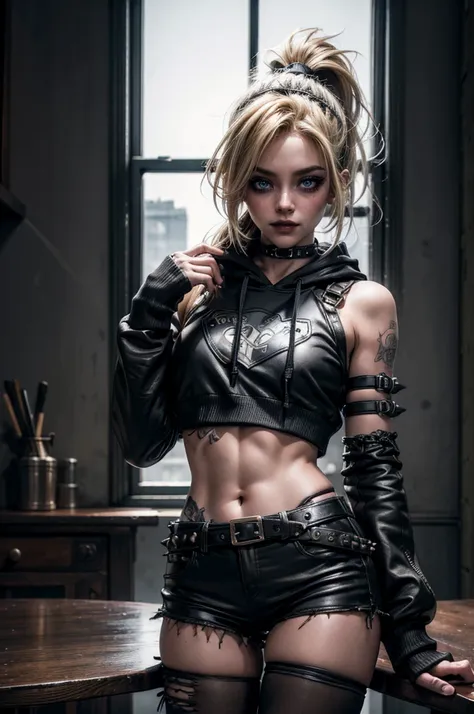 lora_Emma, jinx,1 girl, blond hair, ponytail, very skinny, punk, small breast, leaning against wooden table, streetwear style, (leather micro hotpants), two decorated belts, ((black satin hoodie)), (torn pantyhose), plastic headband, (satin lower arm sleev...