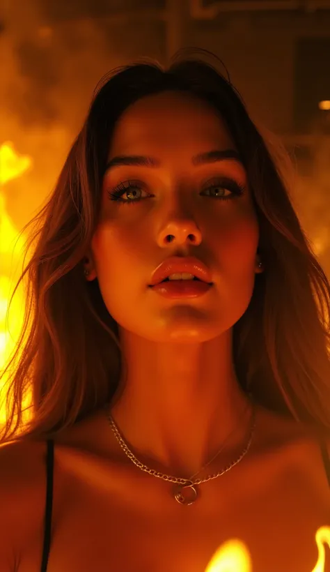 Extreme close-up shot of **a stunning brunette model, her face partially lit by the glow of the roaring flames consuming the abandoned warehouse**, her **wide, tear-filled eyes reflecting the firestorm around her as if she’s watching the world collapse**.
...