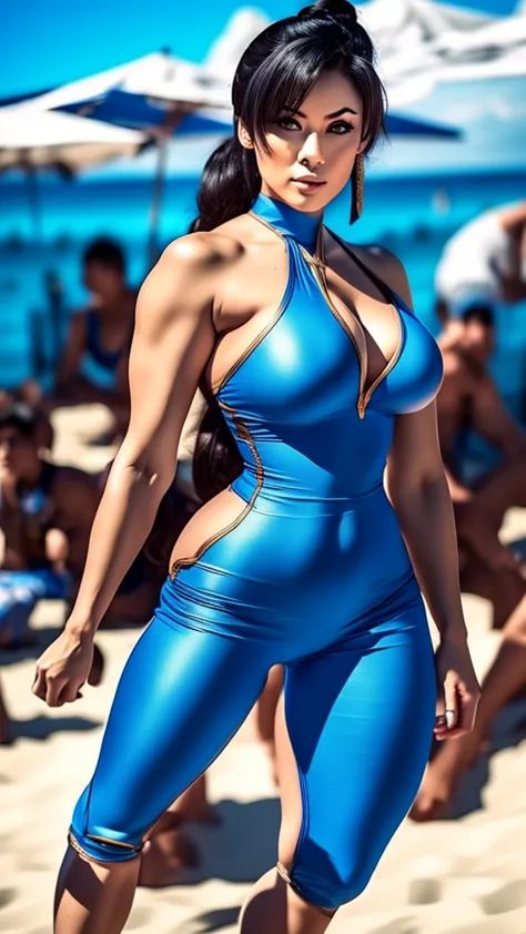 (()),  Chun Li , ( Super Fine ), full body, ( Rear View), to watch the audience , large  , perfect proportions , large  ass,  White Skin,  Beautiful woman in a tight combat suit ,  blue suit,(  masterpiece), professional lighting, On the Beach,  raise your...