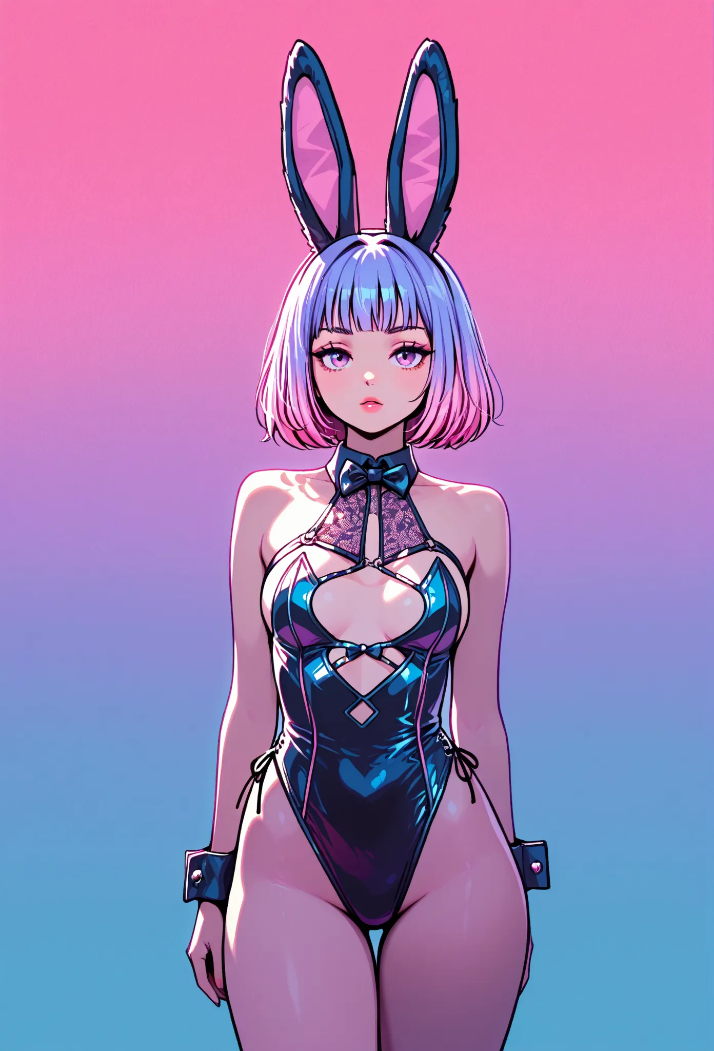 random hot and busty korean bunny girl, bunny ears, purples, reds, blues, no background, pastel background, colorful background, revealing clothes, 