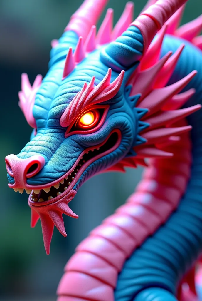 a close up of a dragon with bright pink and blue colors, cyborg dragon portrait,  highly detailed digital art in 4k, Detailed 4K digital art, Cyan fantasy Chinese dragon, high quality and detailed 8k art, Sharp Cyborg Dragon Head, hyperrealistic digital ar...