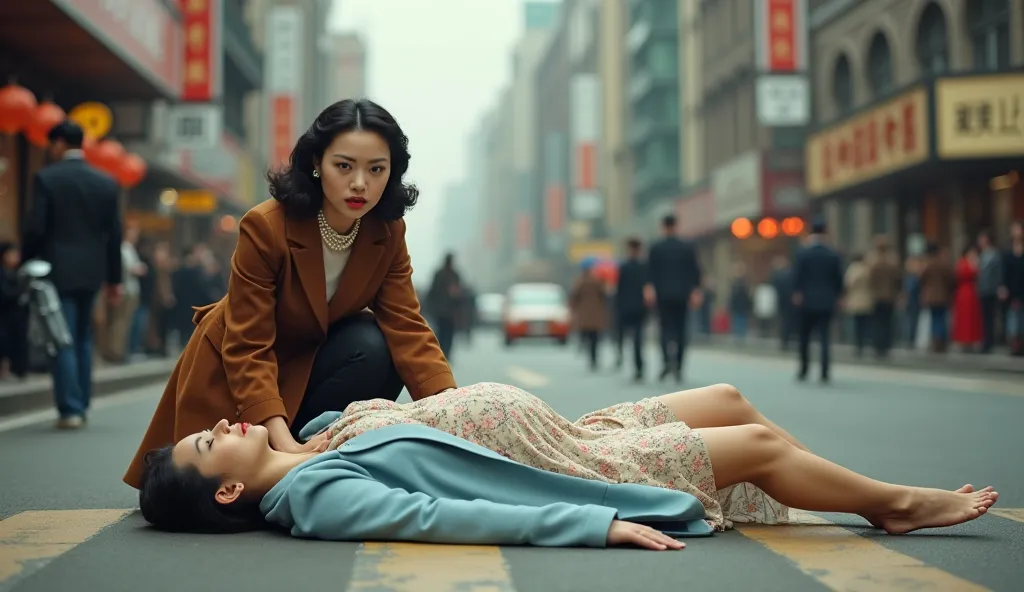 A dramatic scene set on a busy city street, showing a Chinese woman looking frightened at the camera in vintage 1950s attire. One woman, elegantly dressed in a brown coat, curly hair, pearl earrings and a necklace, is kneeling on the ground with a worried ...