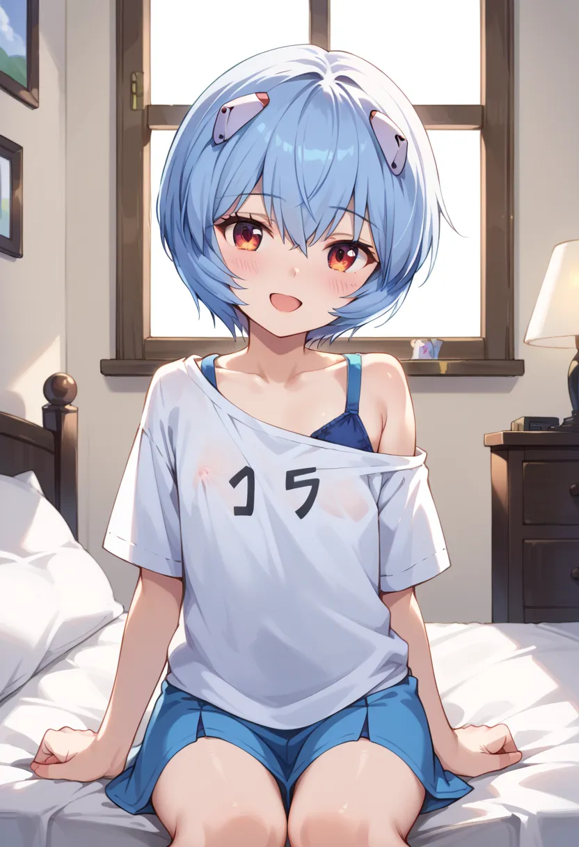 ((top quality)), ((masterpiece)), (be familiar with), perfect faces, indoors, bedroom, watching viewers,
One woman, Ayanami Rei,
open mouth, steam clouds drift, blush, smile,
 small tits, flat chest, Young girl,  lori,  ,  girl,
Short Hair, short hair,
 op...