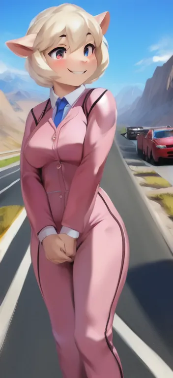  alone , female​ mannequin, stand, road,female pig Asiatic pink sheep megami​ saikou, pink military spacesuit ,   overload ,  , muscle tie,  smiley , by chunie  