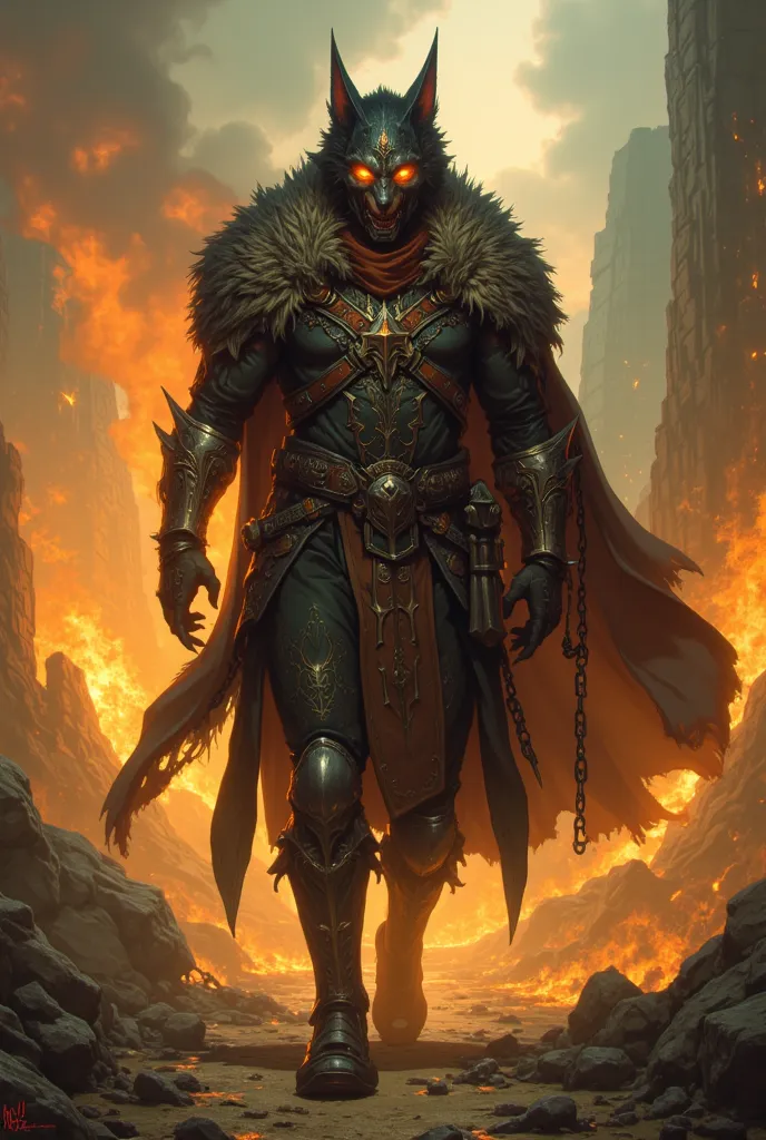 man, wearing black metal symbiotic armor, organic metal wolf head, furry cloak on shoulders, clawed hands, silver armor on left arm, flaming eyes, torn cloak with hanging chains, walking on a flaming battlefield