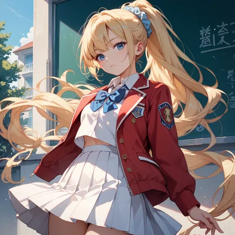 yjkei,very long hair, blonde hair, ponytail, hair scrunchie, blue eyes, school uniform, red jacket, open jacket,blue bow,white skirt, pleated skirt