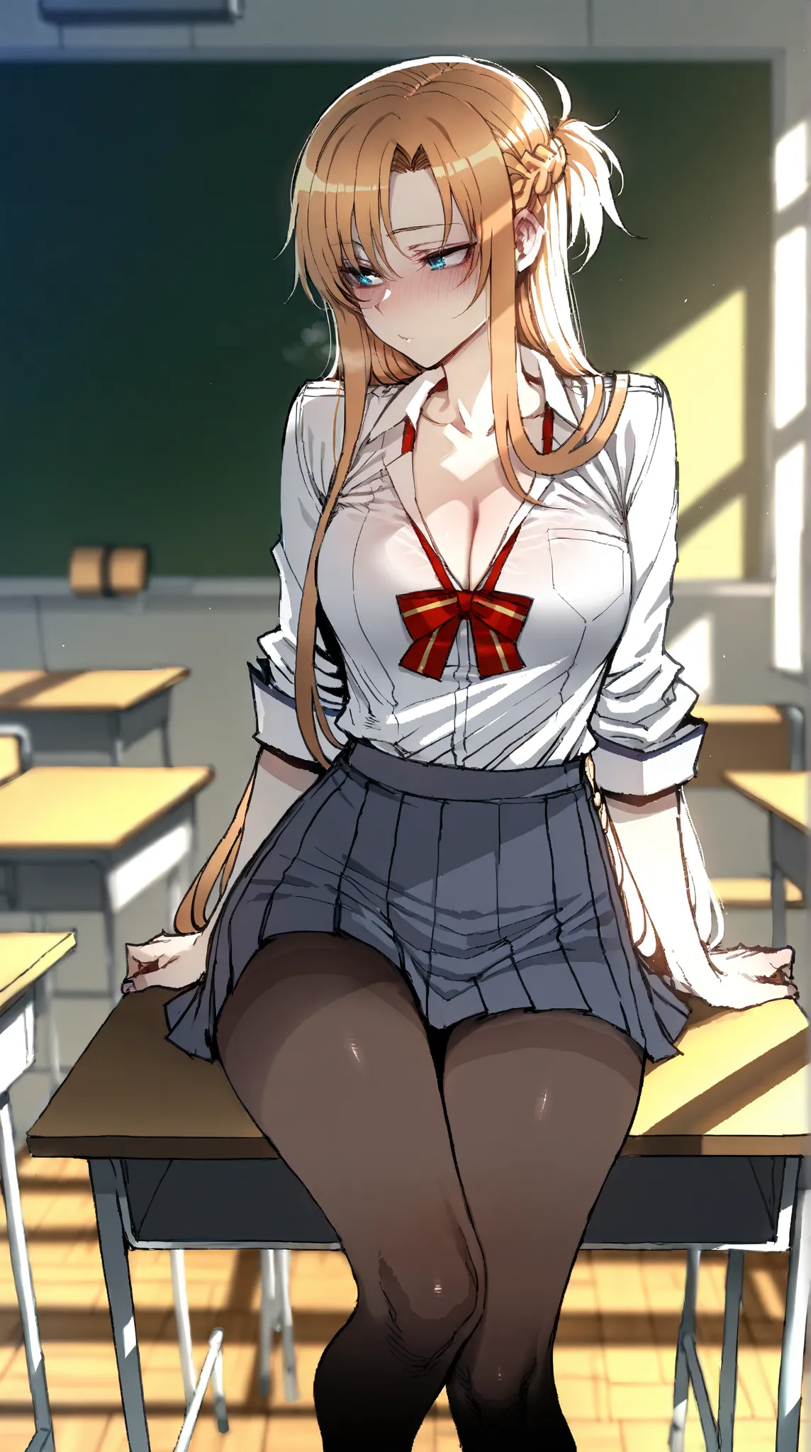 Masterpiece, 1girl, slender women, ratatatat74, Asuna (Sword Art Online), dynamic lighting, ultra detailed, highres, absurdres, stunning visual cg, falling in love demeanor, (sexy high school uniform, glimpse of cleavage, pantyhose, at classroom), medium s...