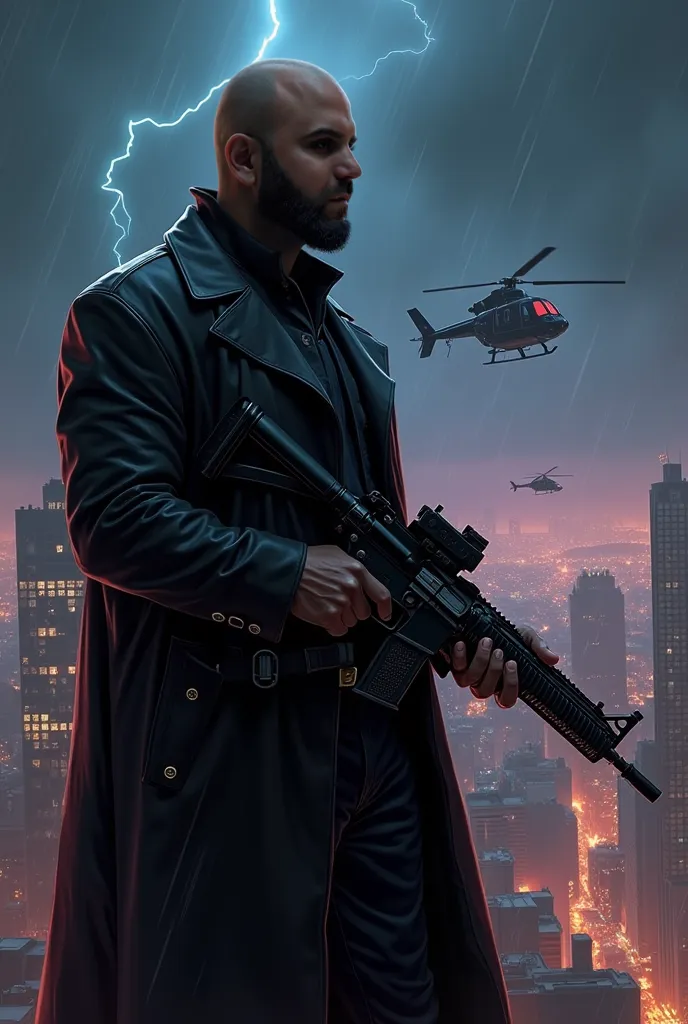 digital comic style illustration of a bald black man with a dark beard who is on a dark roof in the middle of a storm, watching the city illuminated by neon lights and helicopters of S.h.I.and.l.D. patrolling in the distance. His long black leather coat fl...