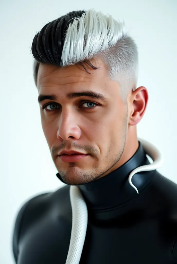 Muscular man blue eyes modern hair half platinum and half dark foreground image with black latex suit white background photo studio looking in front of the viewer HD image close up 4k a white snake in the neck realistic image 