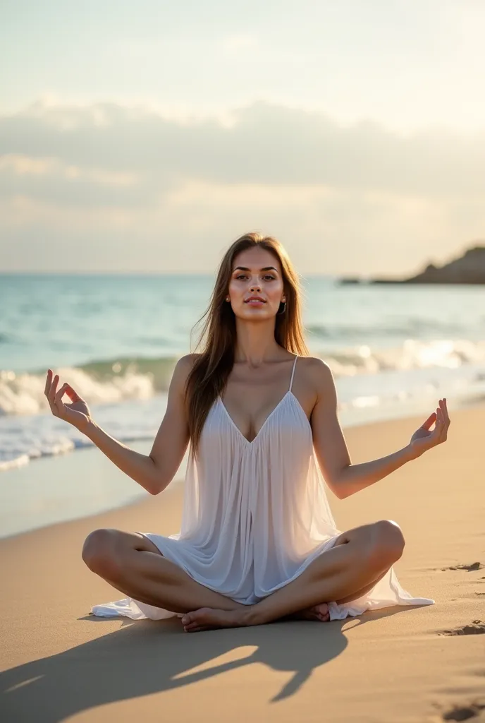 she is wearing a white dress at the hem, sitting on the beach practicing yoga