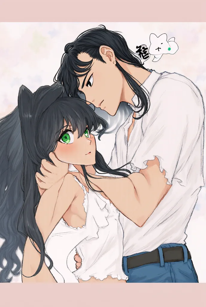 Manhwa characters. A man with black eyes and half large black hair, dressed with white shirt and jeans. A woman with fair tanned skin and big curly black hair and green eyes, dressed in white short strap dress. They are embraced in sensual pose.  ultra det...