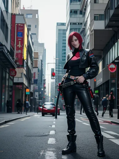 Image of a highly sophisticated and dangerous cyberpunk android , armed with katanas and making disasters in the streets 