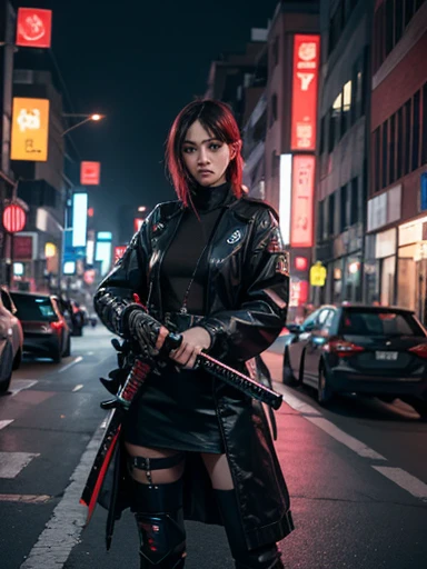 Image of a highly sophisticated and dangerous cyberpunk android , armed with katanas and making disasters in the streets 