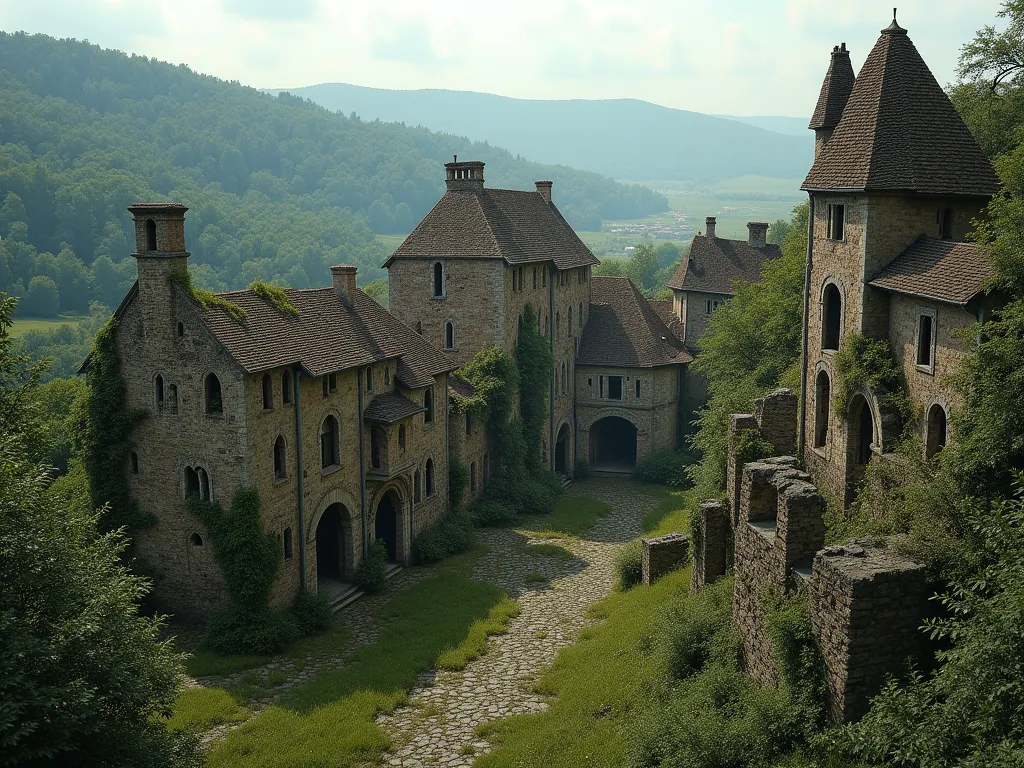 Old ruined medieval village overgrown with vegetation realistic photo seen from afar seen from above  , auvergne 