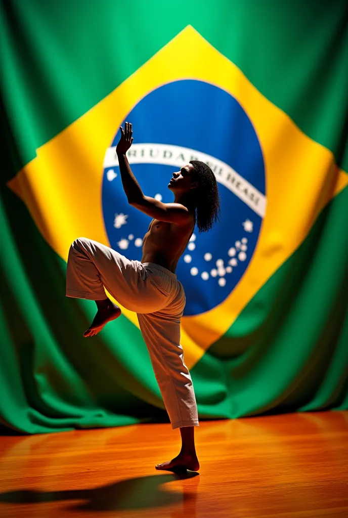 Brazilian flag with capoeirista wearing white pants 