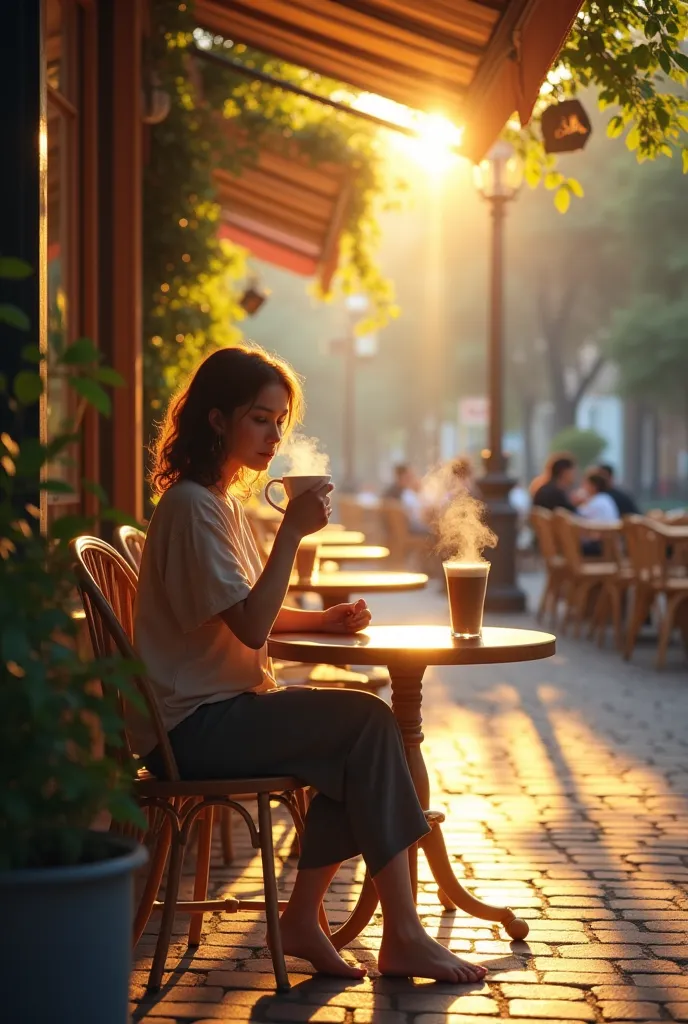 sitting at an outdoor cafe, sunlight hitting her face as she sips her latte.
