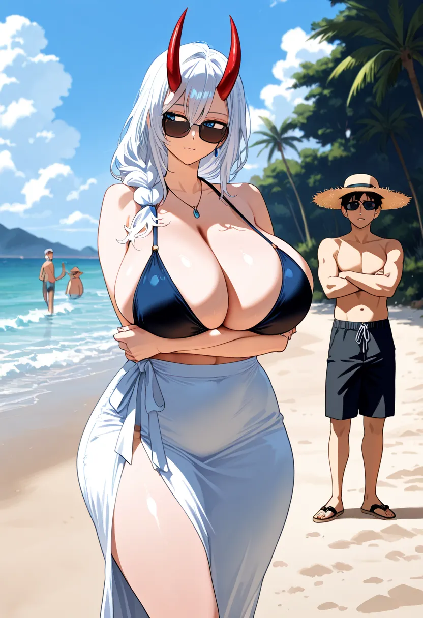 ((1 girl)) ((Adult)), ((Huge Breasts)), ((Very Tall)) ((+2.30 meters)) ((Wide Hips)) ((Big Butt)) ((anime)) A beautiful woman with white hair, blue eyes, red horns. Voluminous and super sexy body, with big breasts, big butt and big hips, 2.30 meters tall. ...