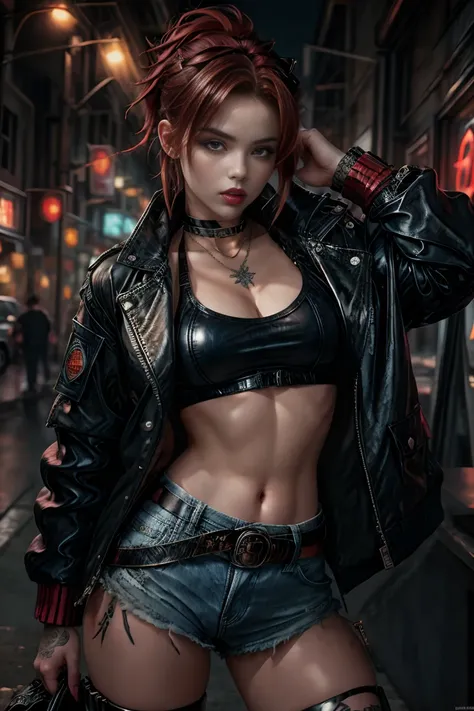 A woman with red hair is wearing a black leather jacket. She has a black bra and jean shorts on. There is a black belt around her waist. There are tattoos on her arms and legs.