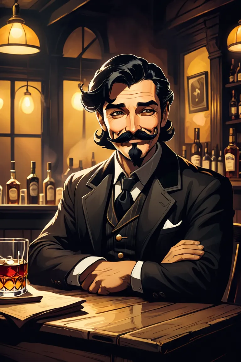 a shadowly male mid ages figure sit alone in a table at the end of a london bar, cigar smoke and a whiskey glass,  great mustache and beard, sad eyes, smiling, smirking, black hair, strong, 1800 clothes, comic style, dark shadows, high contrast. relaxed po...