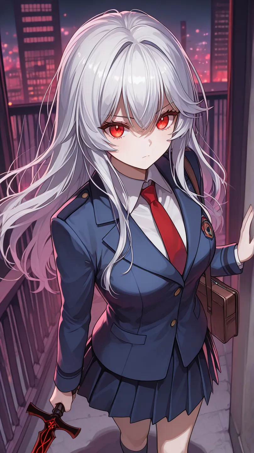 A 17-year-old girl with long silver white hair and intense red eyes is standing under a bridge in the city during the day.  His expression is serious and cold, reflecting a deep hatred for her archenemy. She wears a formal elite uniform, composed of a well...