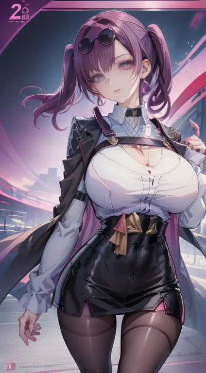 1 woman，Thirty years old，mature，sexy, masterpiece, best quality, Thick Line,  Nipple erection, purple hair, twin tail hairstyle，Northern hemisphere chest exposure ，官能的な唇, place your hands behind your body，Ultra Max_mediuml breasts!! The shape of the chest_...