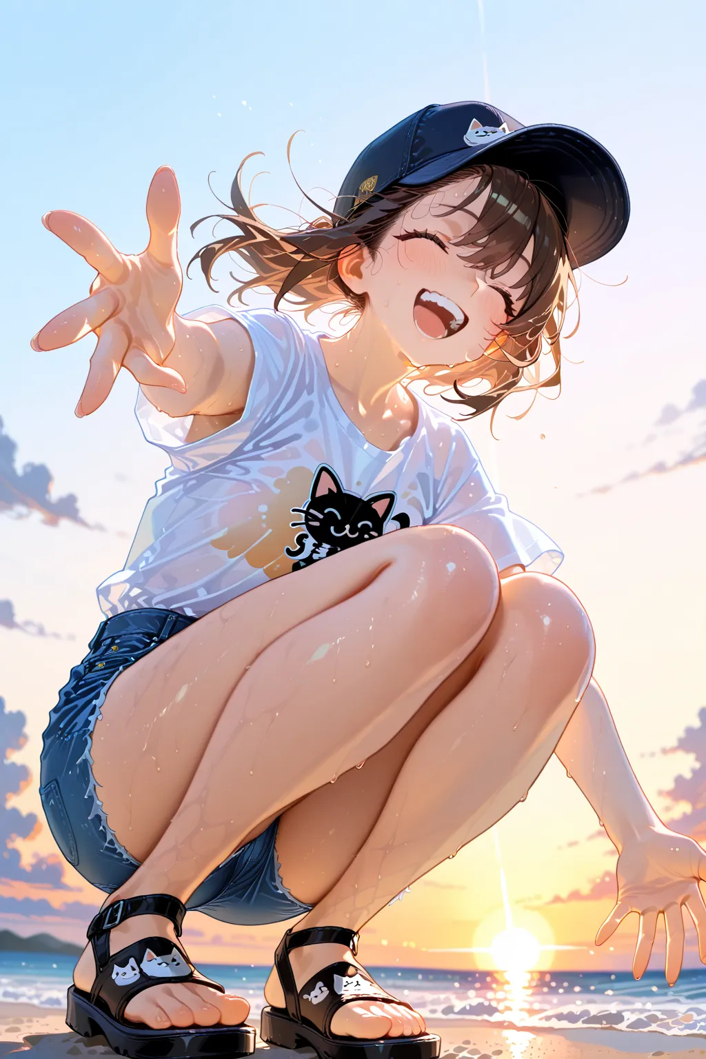 1girl ,solo ,(cap:1.3) ,UHD, masterpiece, textured skin, super detail, high details, highres, 8k ,break sweat ,smile ,open mouth ,teeth ,closed eyes ,sea ,White shirt, cat print shirt ,short sleeves, shorts, denim shorts ,sandals ,brown hair ,wind ,squatti...