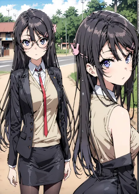 household, Mai Sakurajima , long hair, bungs,   black hair, hair accessories, purple eyes, hair clip for hair, rabbit hair accessories,Glasses,suit, pencil skirt, jacket,  shirt,Black Pantyhose,pin heels,standing,Medium breast,rain宿り,rain,full bodyがイラストに入る...