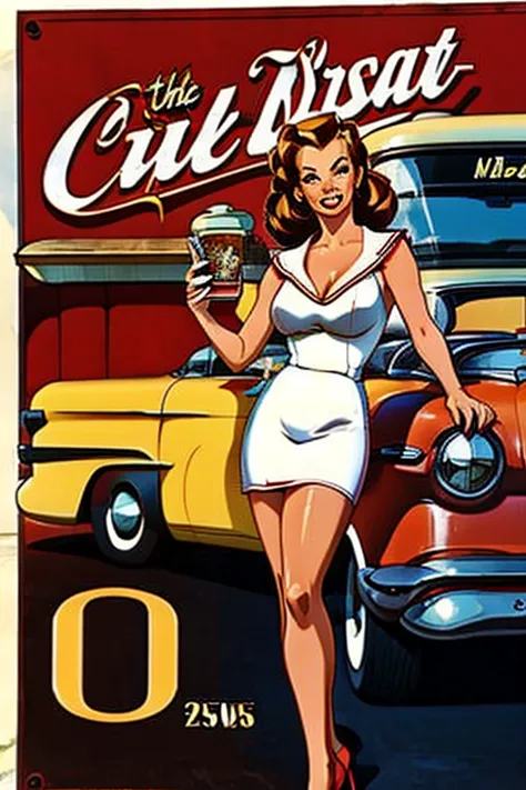 A vintage-style American diner advertisement featuring a retro pin-up woman in a red dress with black stockings and red high heels. She has short, wavy brown hair and is posing seductively in front of a classic red car from the 1950s. The background includ...