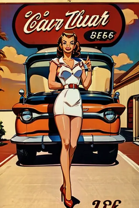 A vintage-style American diner advertisement featuring a retro pin-up woman in a red dress with black stockings and red high heels. She has short, wavy brown hair and is posing seductively in front of a classic red car from the 1950s. The background includ...