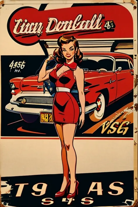 A vintage-style American diner advertisement featuring a retro pin-up woman in a red dress with black stockings and red high heels. She has short, wavy brown hair and is posing seductively in front of a classic red car from the 1950s. The background includ...