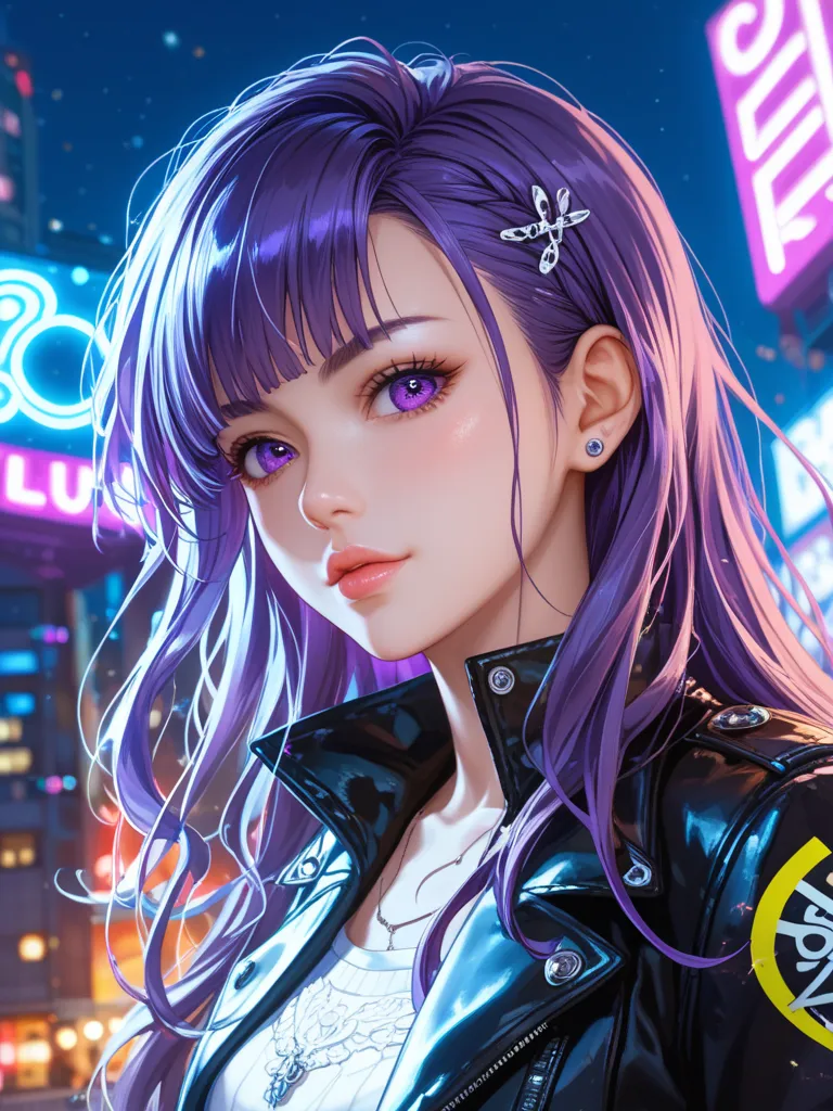 Glowing neon lights 、punk、near future、1 girl, long hair, High Resolution, close your mouth, purple eyes, High Resolution, HD Model, high detail, high quality, Ultra High Definition, textured skin, very detailed, Purple Hair, hair that flutters in the wind,...