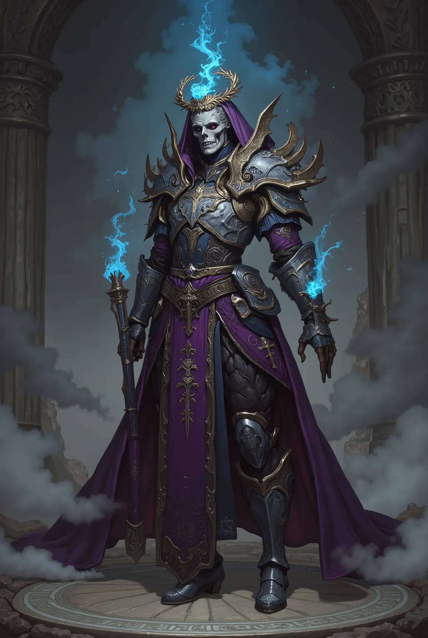 a silver skull with a golden laurel wreath, wearing organic silver osea armor, with a purple clerical stole, blue flaming eyes, Hades, underworld,Full body