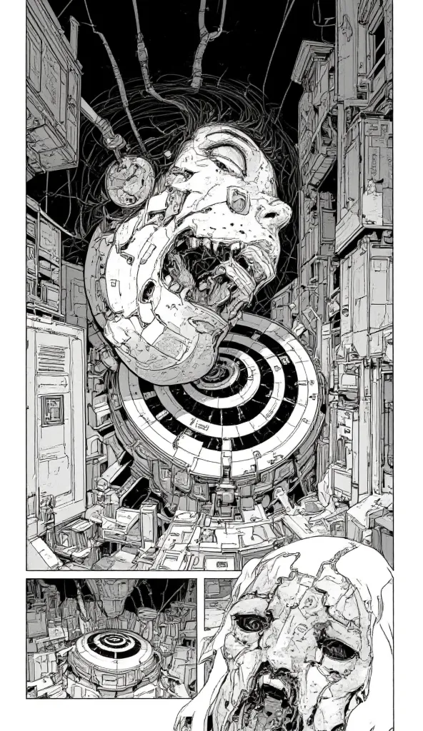 A comic depicting a cartoon of the person in the room, Manga drawn by Junji Ito, Tumbler, Serial Art, junji ito's uzumaki,  Ito Junji style,  manga scan , Subtle Junji this ,  Ito Junji style, black and white Manga Page, The Shades of Junji Ito , Black and...