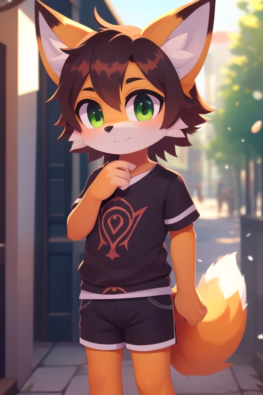 From the outside great work boy shota has fox ears with tail detailed body shiny hair detailed body wearing clothes green eyes cute background high quality