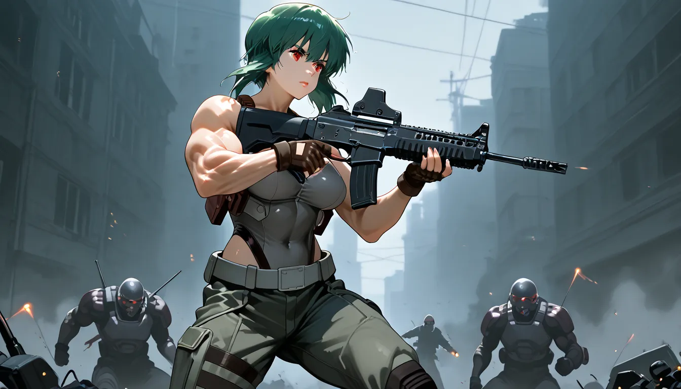 Motoko Kusanagi from Ghost in the Shell, who has strong muscles, kills enemies using a custom assault rifle on the battlefield、Photographed from the back of a female soldier