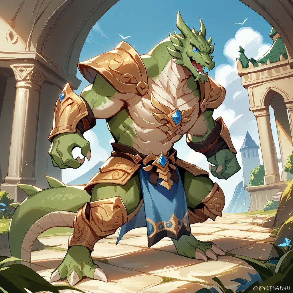 shendu,  Most recent anthropomorphic ,  Alone,  male background , huge body, scale, detail scale, scaly , white body ,   blue eyes, Teeth, reptile, golden armor ,   wide shoulders, weak,  Tune, toes, standing, pose background,  Dragon Palace Scenery 