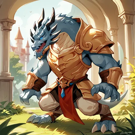 shendu,  Most recent anthropomorphic ,  Alone,  male background , huge body, scale, detail scale, scaly , white body ,   blue eyes, Teeth, reptile, golden armor ,   wide shoulders, weak,  Tune,  3 toes , standing, majestic pose,  Dragon Palace Scenery 