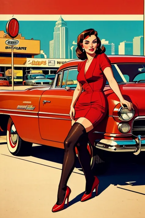 A vintage-style American diner advertisement featuring a retro pin-up woman in a red dress with black stockings and red high heels. She has short, wavy brown hair and is posing seductively in front of a classic red car from the 1950s. The background includ...