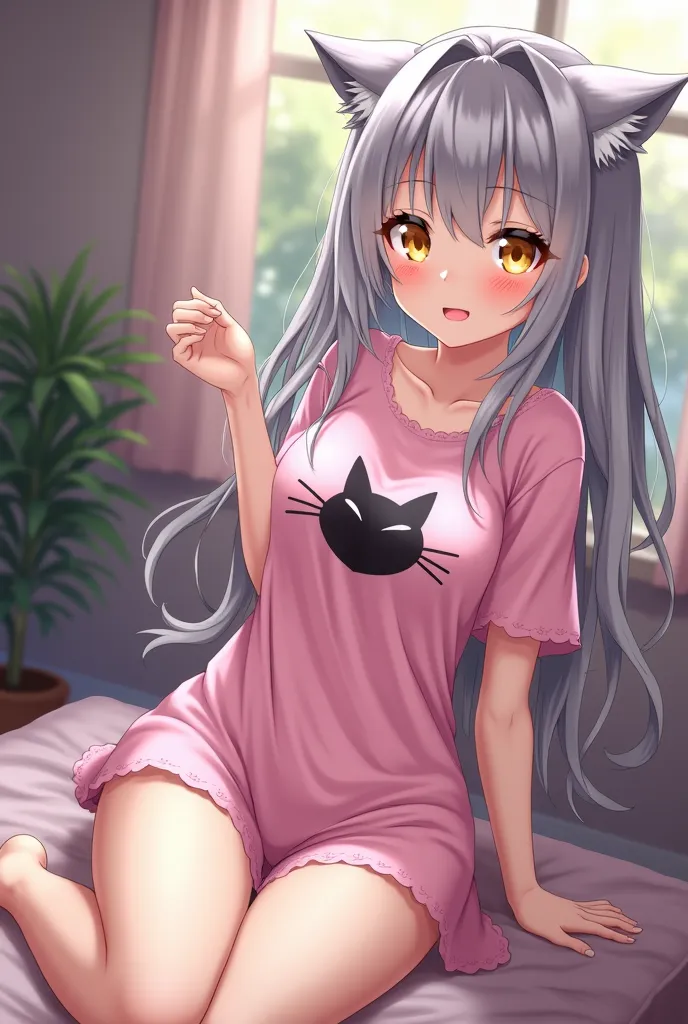 Cat ear girl,slutty yellow eyes,（masterpiece,Gray Hair,It shows everything from the upper body to the lower body,１Picture）perfect limb,Excited eyes,（masterpiece,Gray Hair,Overall view,Japanese Anime）perfect limb,（ Pink sleepwear with chest visible,Sleepwea...