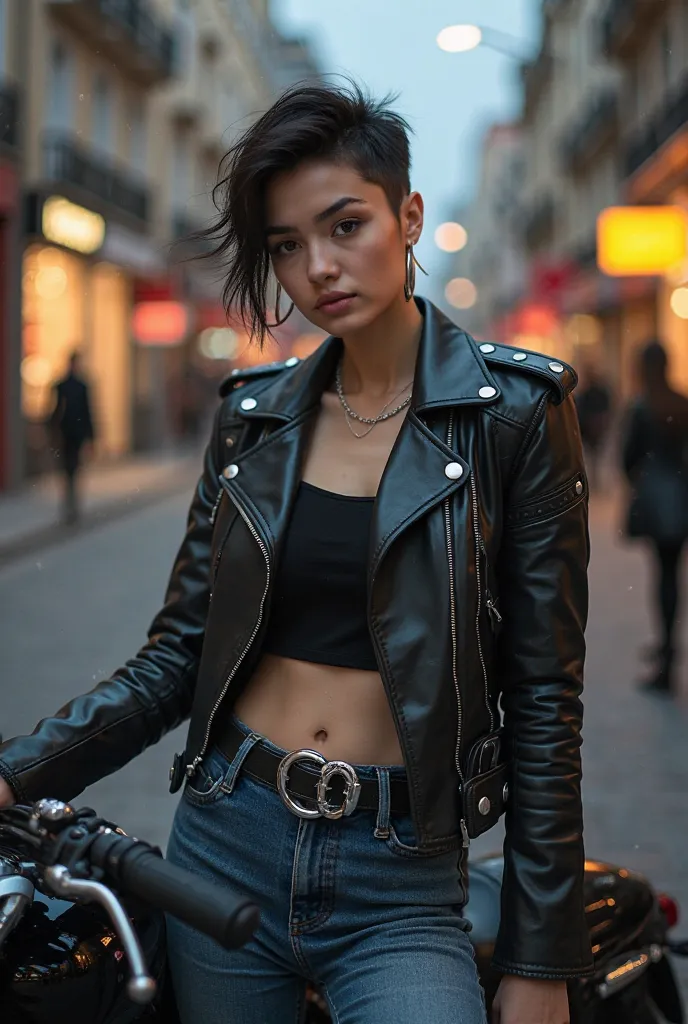 Вот обновленный промт с очень короткой стрижкой:  

---

**Ultra-realistic, high-fashion medium shot portrait of a rebellious young woman standing confidently next to a sleek black motorcycle in an urban setting.** She has a slender yet athletic physique, ...