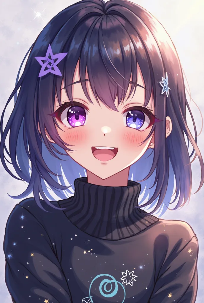 anime girl, Left eye purple and right blue, She is smiling, She has a black school sweater, it has star details and a spiral, Your hair color is brown