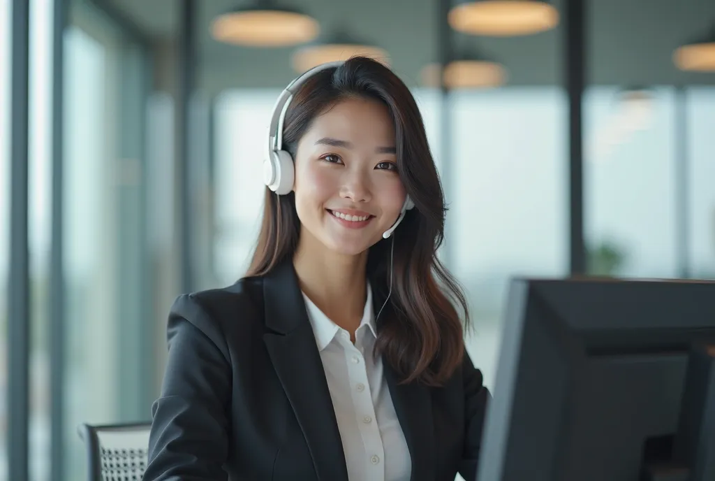 call center, beautiful smile Korean woman, 20years old, glowing light white skin, dynamic angle, in office, uniform, professional model, Unity 8K wallpaper, extremely detailed, beautiful and aesthetic, highest quality, cinematic lighting, get white headset