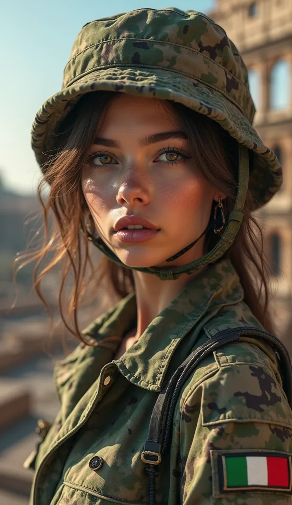 a beautiful italian girl in military camouflage, detailed face, detailed eyes, detailed lips, long eyelashes, military camouflage outfit, italian flag emblem on the camouflage, colosseum in the visual background, cinematic lighting, highly detailed, photor...