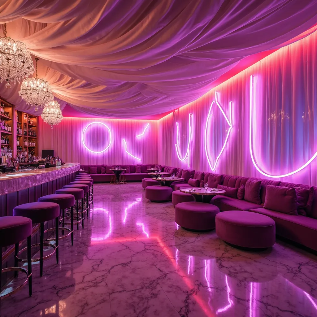 realistic photo, best quality, no humans, a vibrant and modern bar/lounge with striking neon lighting and luxurious design elements. The ceiling is draped with soft, flowing fabric, creating a spacious, romantic vibe, while sparkling crystal chandeliers ca...